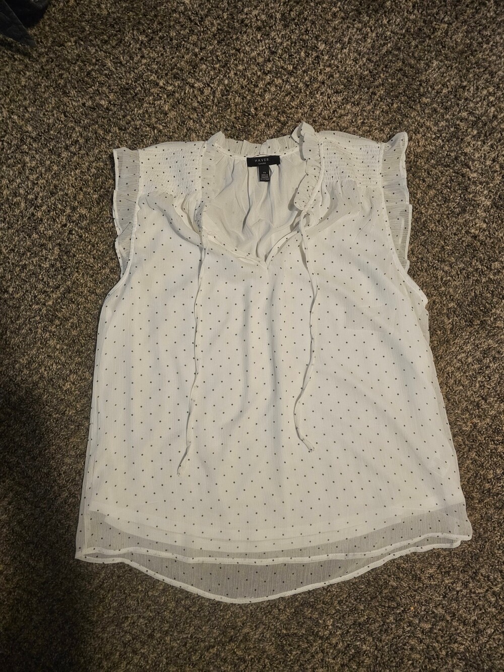 HAVER White Polka Dot Sleeveless Blouse Small Ruffled Collar Top